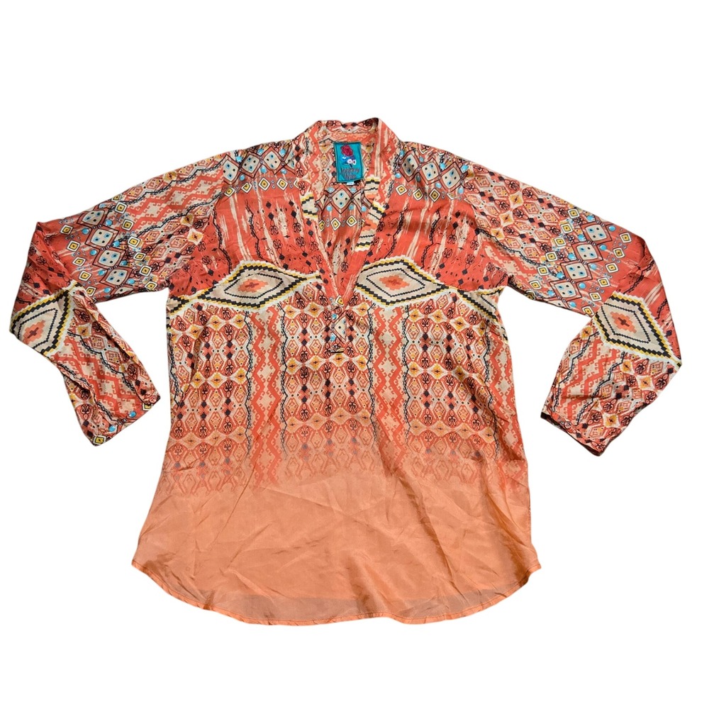 Johnny Was Orange Silk Tribal Geometric Print V-Neck Tunic Blouse XS